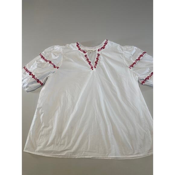 Linda Anderson Red Embroidered Floral Puff‑Sleeve Top (100% Cotton) – Size XL - Picture 3 of 10